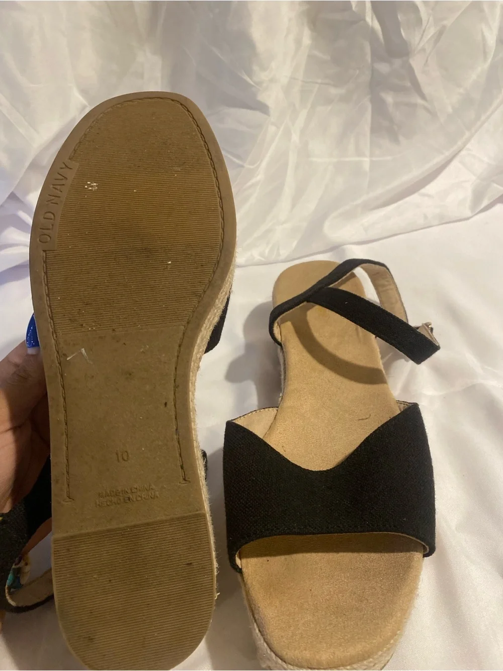 Old Navy Women’s Black Linen Espadrille Wedge Sandals Ankle Strap Buckle 10